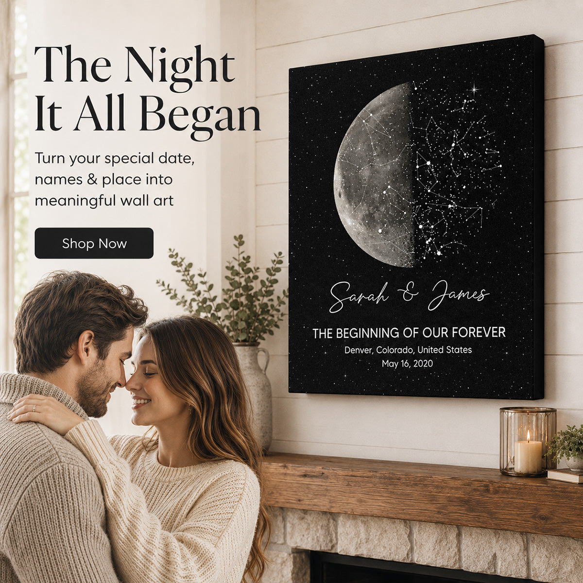 The Night It All Began Custom Moon Phase & Star Map - Personalized Canvas - Gift For Couple
