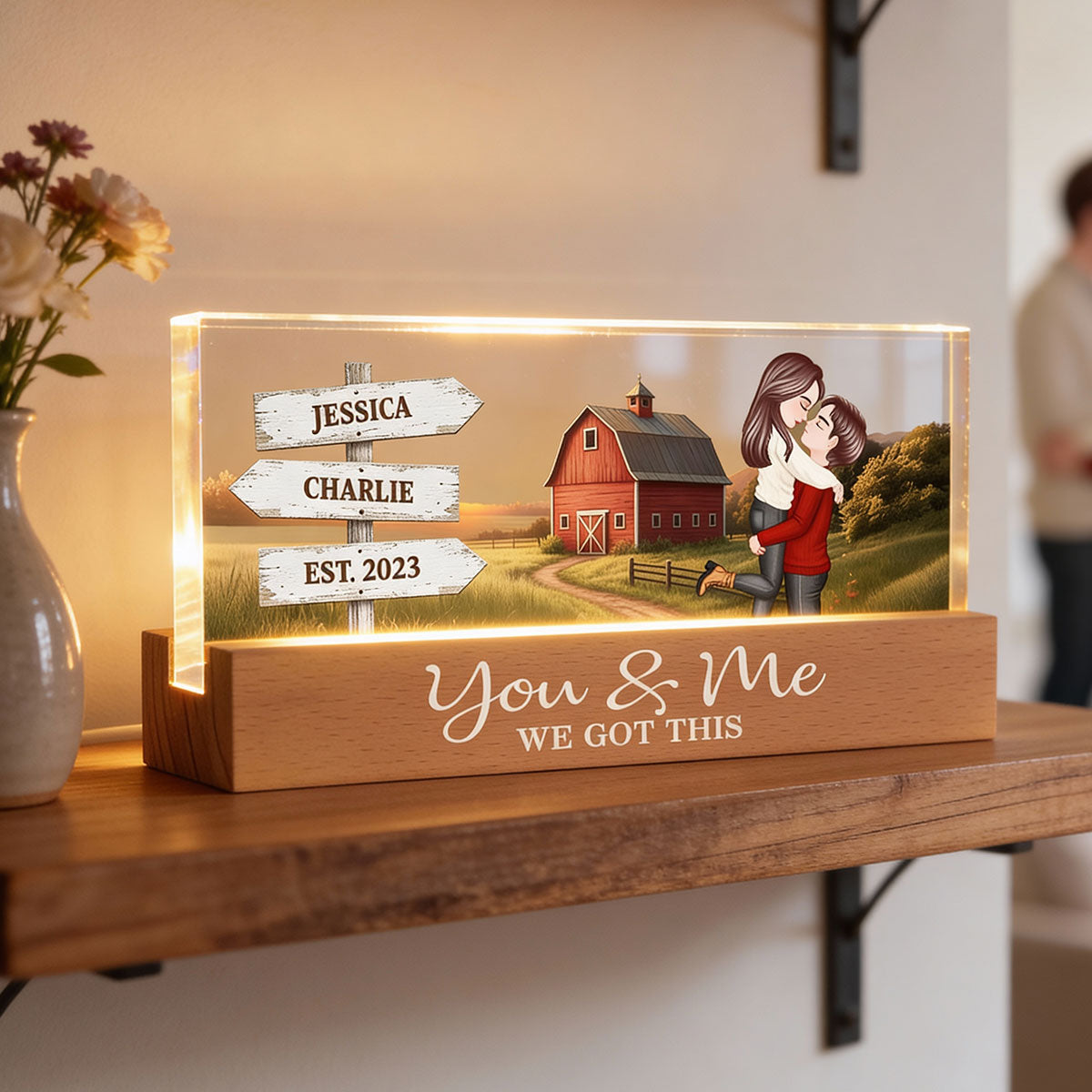 Rustic Nostalgia Red Barn House Sign Posts Couple Hugging Kissing Farmhouse Decor - Personalized Acrylic Block Plaque LED Night Light - Heartfelt Valentine, Anniversary Gift For Him, For Her