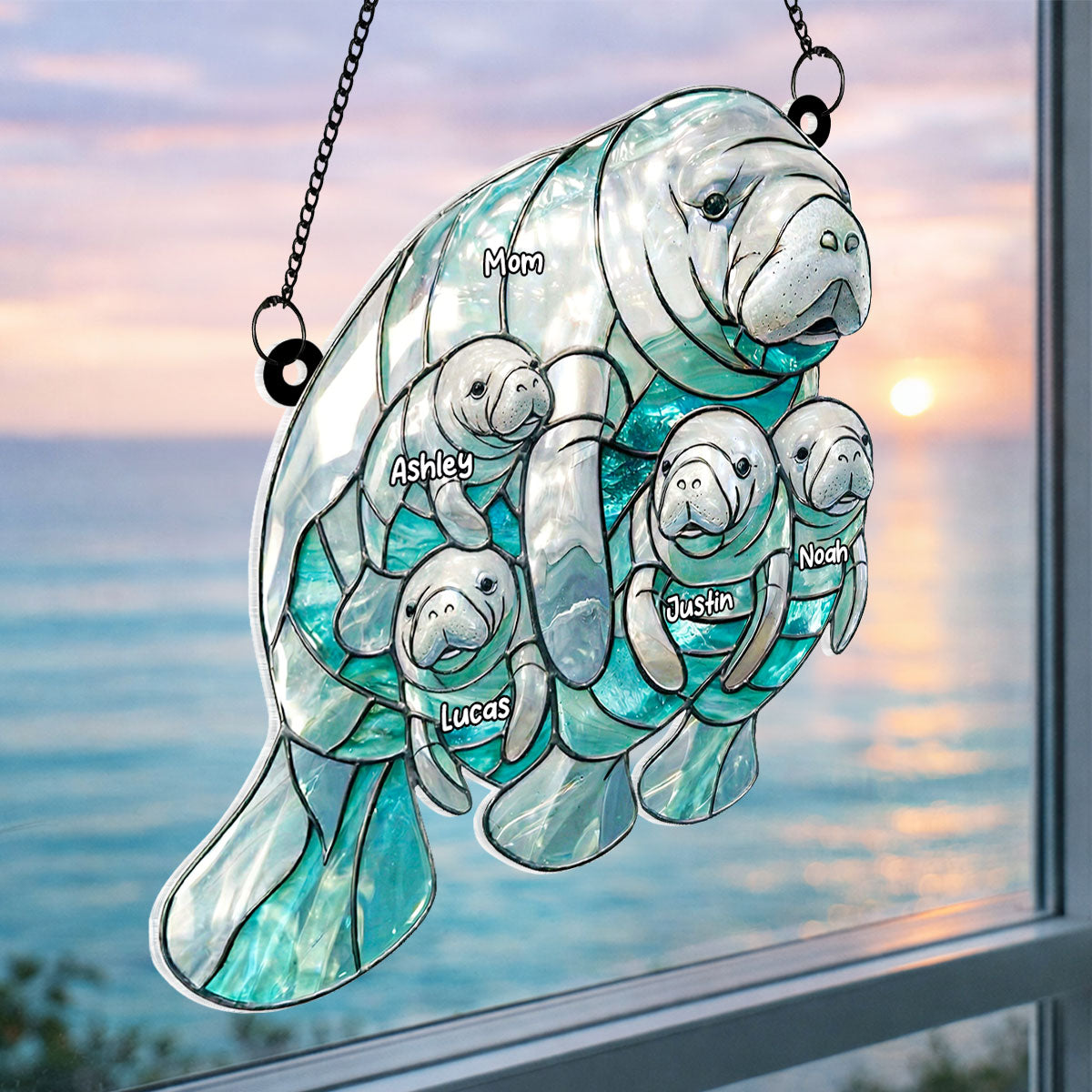 Manatee Mom and Kids - Personalized Acrylic Suncatcher - Heartfelt Mother's Day Gift for Mom, Wife