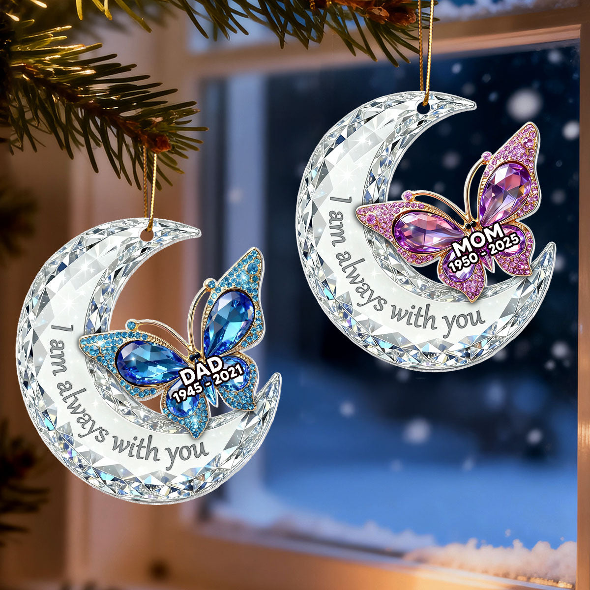 3D Effect Flat Christmas Butterfly Moon Memorial - Personalized Acrylic Ornament - Remembrance Gift, Sympathy Gift