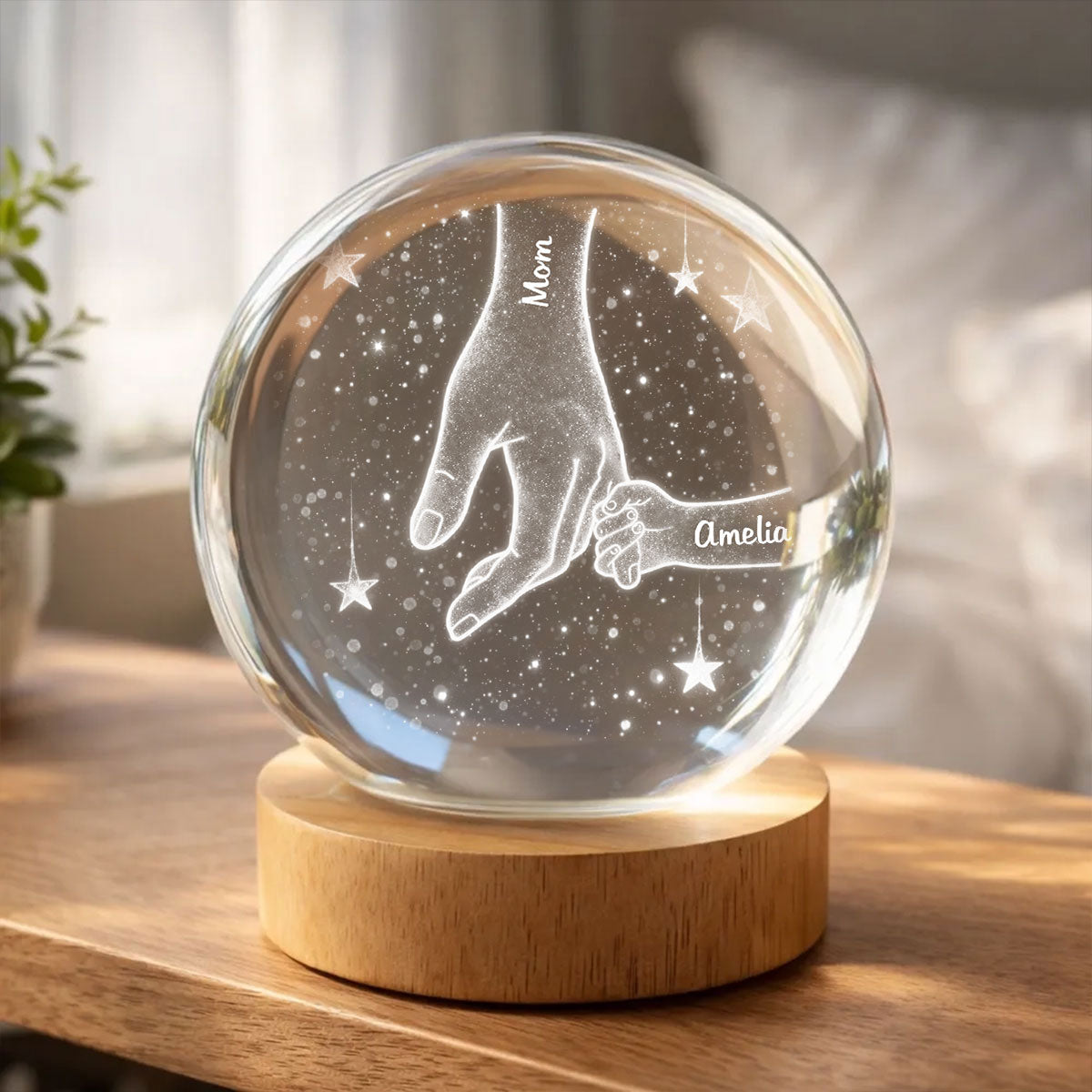 Mom Grandma Kids Holding Hands - Personalized Crystal Ball LED Night Light - Sentimental Mother's Day Gift for Mom, Grandma, Wife