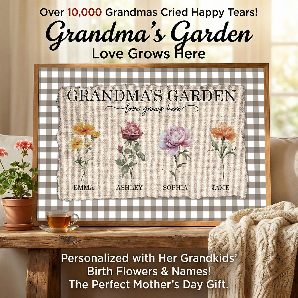 Gingham Pattern Grandma's Garden Birth Month Flowers - Personalized Poster - Mother's Day Gift For Grandma, Mom