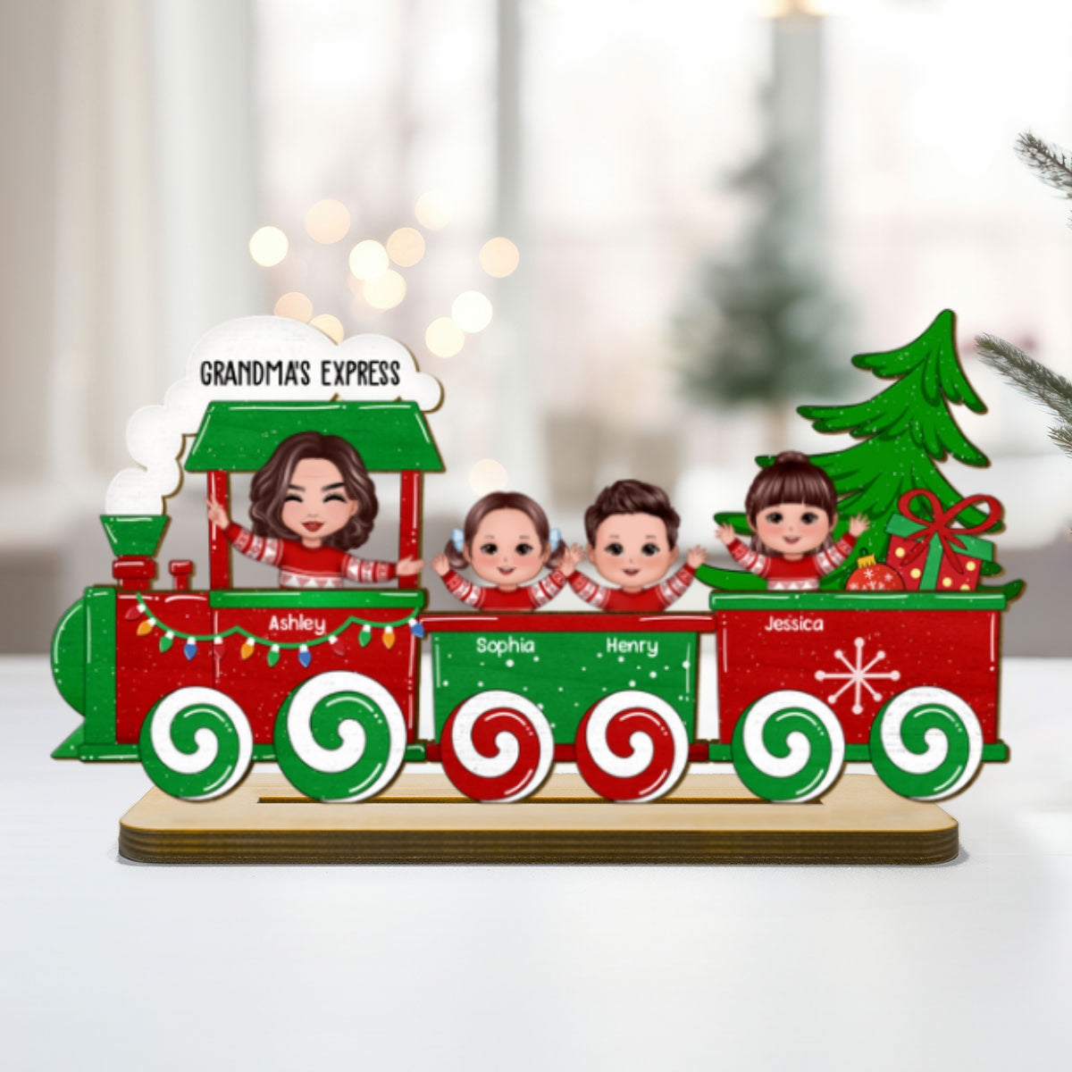 Cute Kids On Christmas Train Personalized 2-Layer Standing Wooden Plaque