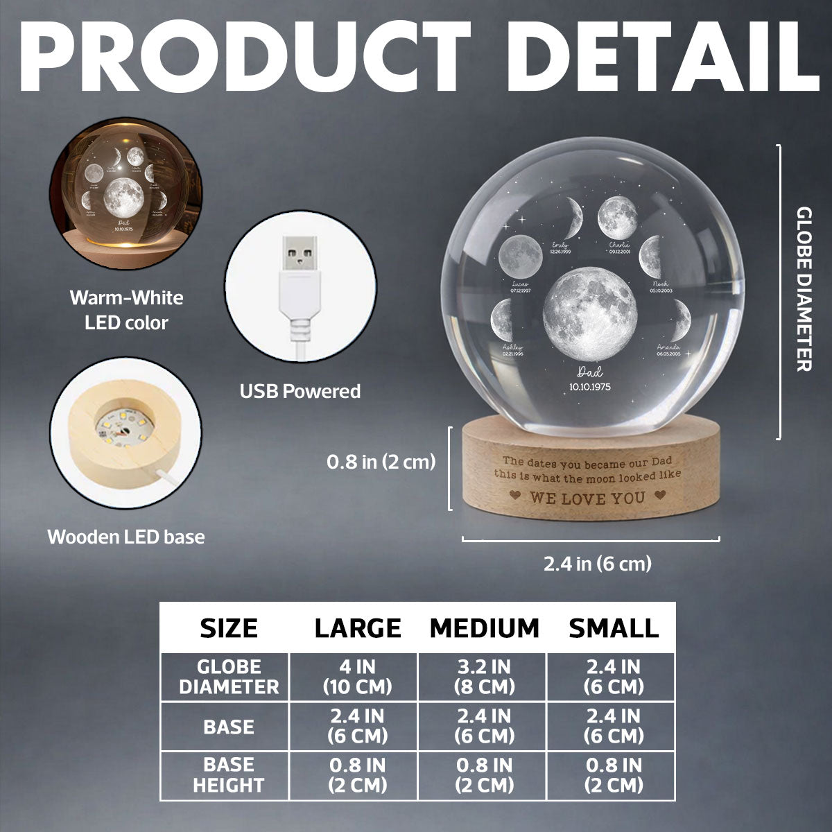 The Date You Became Our Dad - Personalized Crystal Ball LED Night Light - Custom Moon Phase by Date,  Gift for Dad, Husband