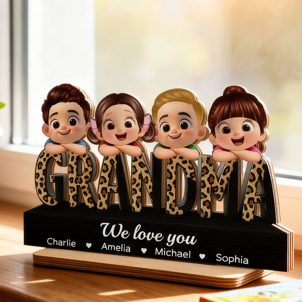 Grandma We Love You Leopard Pattern - Personalized 2-Layered Wooden Plaque - Heartfelt Gift for Grandma