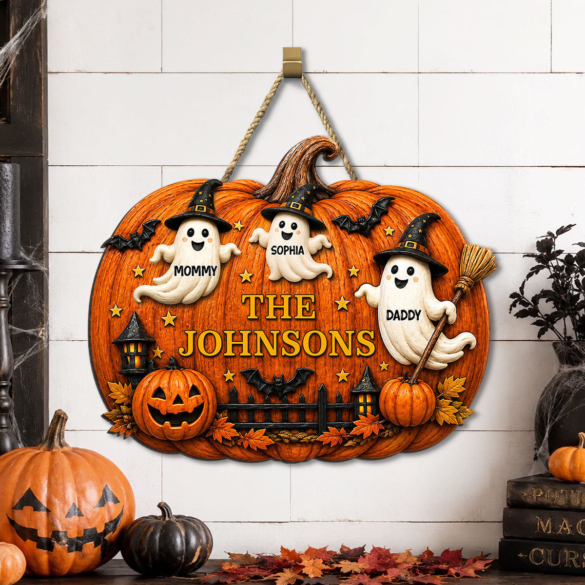 Halloween Family Ghost Pumpkin - Personalized Wood Sign - Halloween Decor Gift, Gift For Family