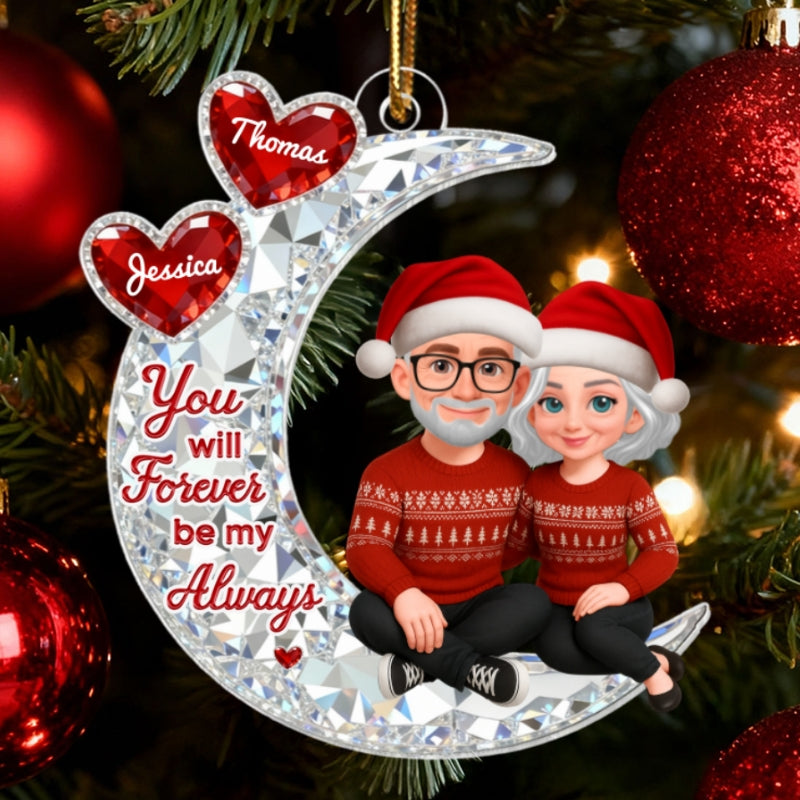 3D Effect Flat Couple Sitting On Moon - Personalized Acrylic Ornament - Heartfelt Gift For Couple, Gift For Him, For Her