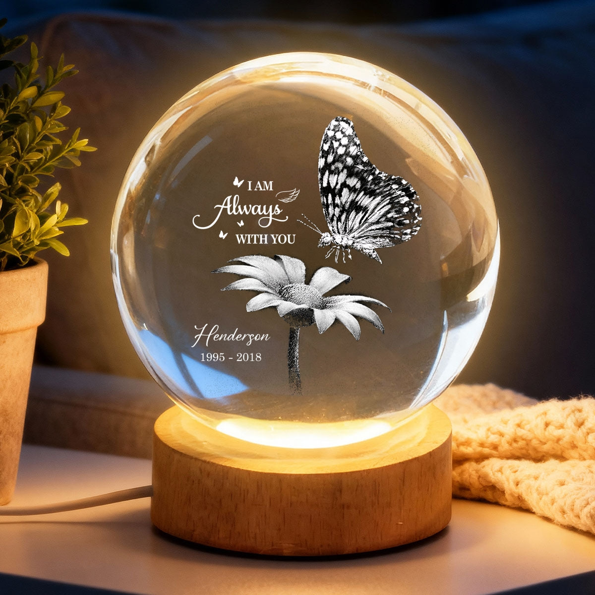 Always With You Butterfly On Daisy - Personalized Crystal Ball LED Night Light - Memorial Remembrance Keepsake