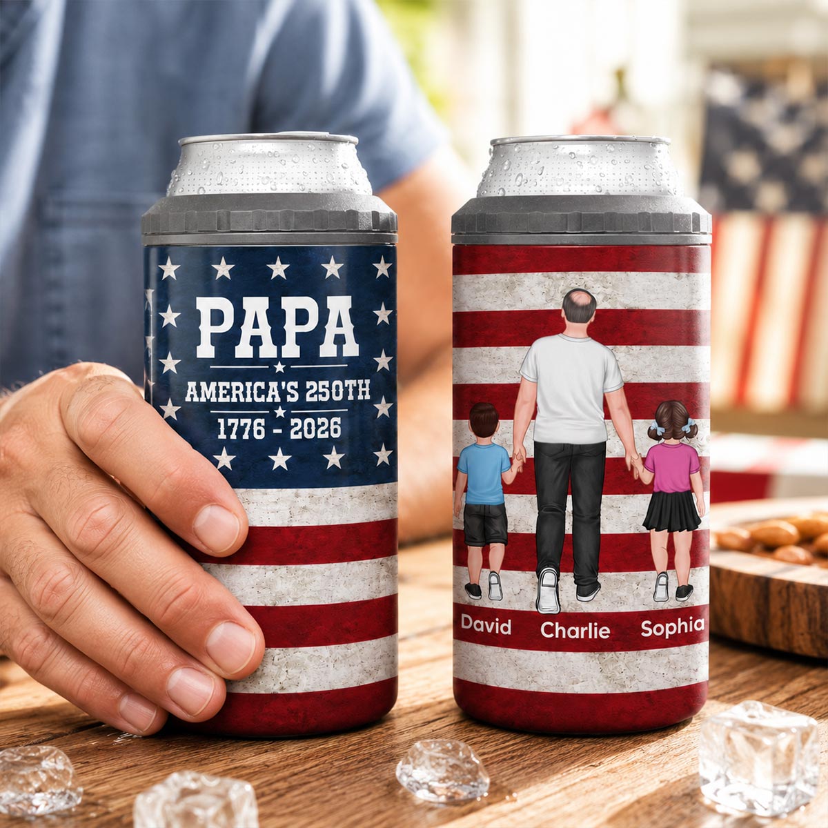 Proud American Dad Grandpa Walking With Kids - Personalized 4-in-1 Can Cooler - 4th Of July, American 250th Anniversary Gift For Patriotic Dad, Grandpa