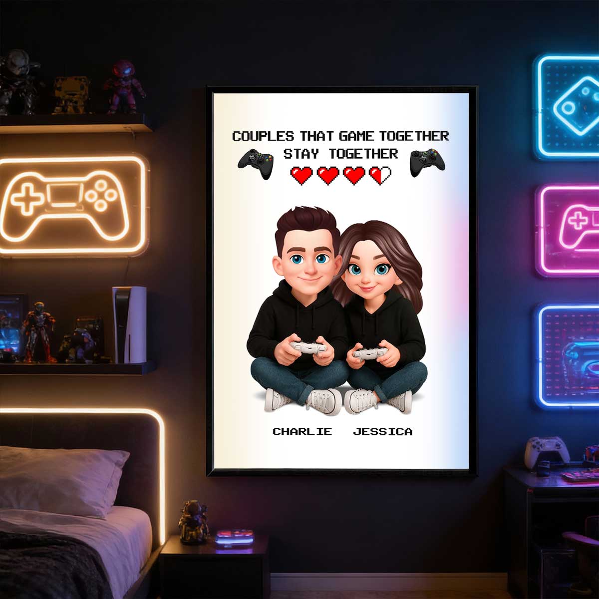 Gaming Couple Game Together Stay Together - Personalized Poster - Heartfelt Valentine, Anniversary Gift For Gamers, For Him, For Her
