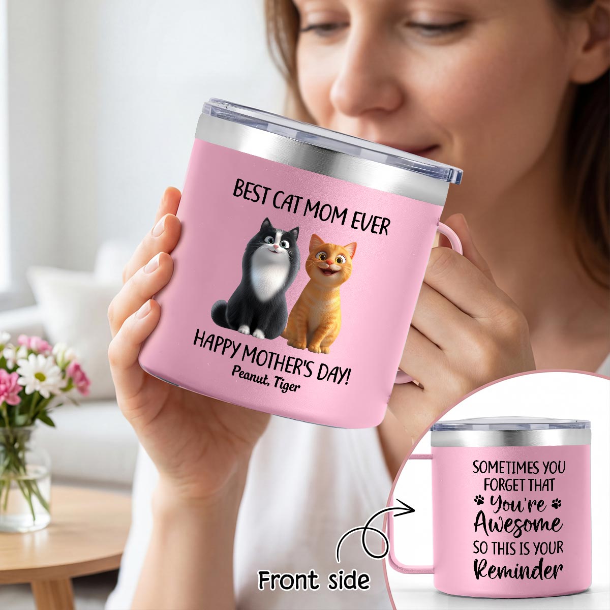 Sometimes You Forget That You're Awesome Cat Mom - Personalized Stainless Steel Tumbler with Handle - Mother's Day Gift For Cat Lovers