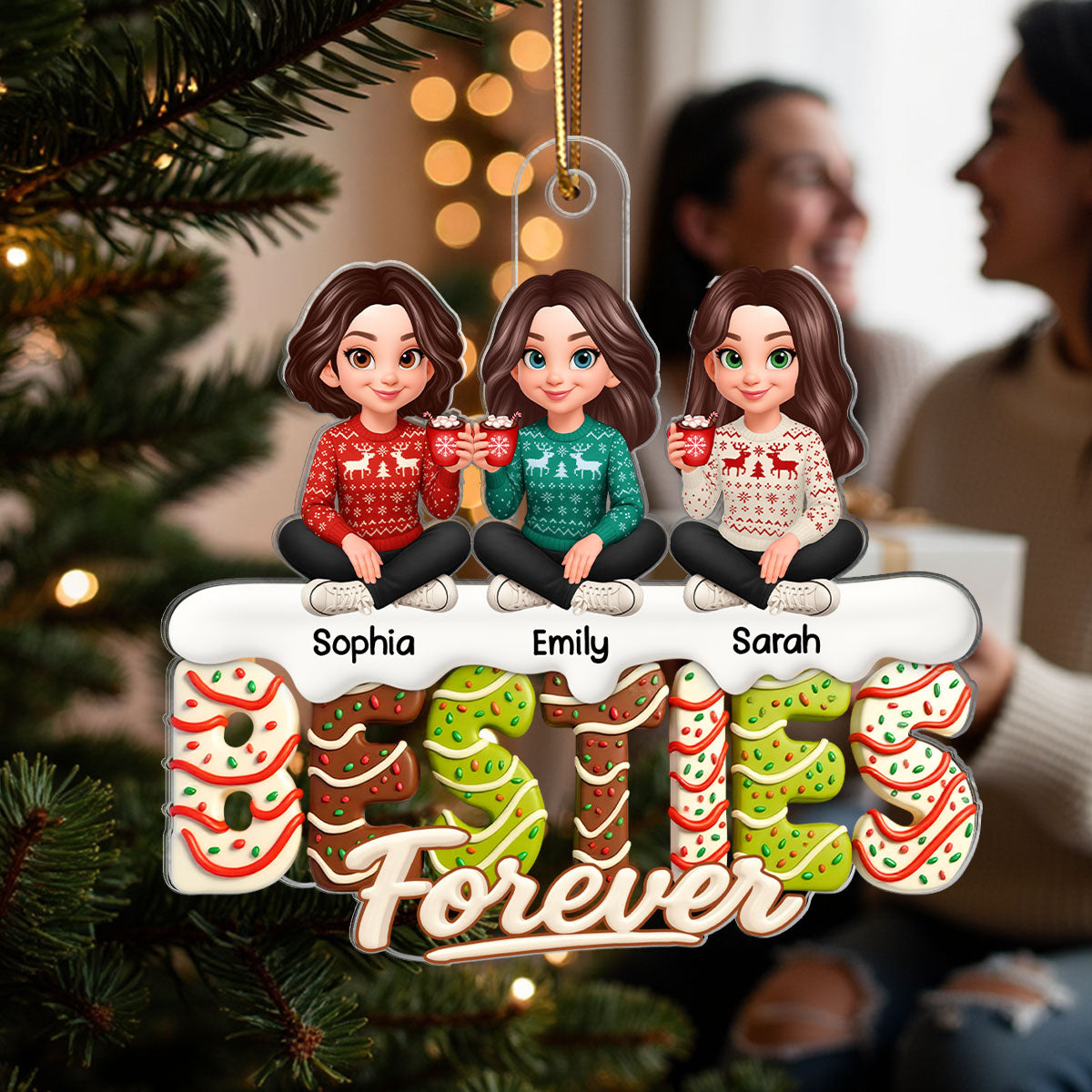 3D Effect Christmas Tree Cake Sisters Forever - Personalized Acrylic Ornament - Gift For Sisters