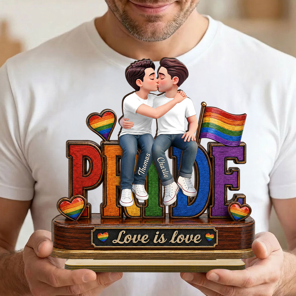LGBT Couple Pride Love is Love - Personalized 2-Layered Wooden Plaque - Heartfelt Gift for Her, Gift for Him