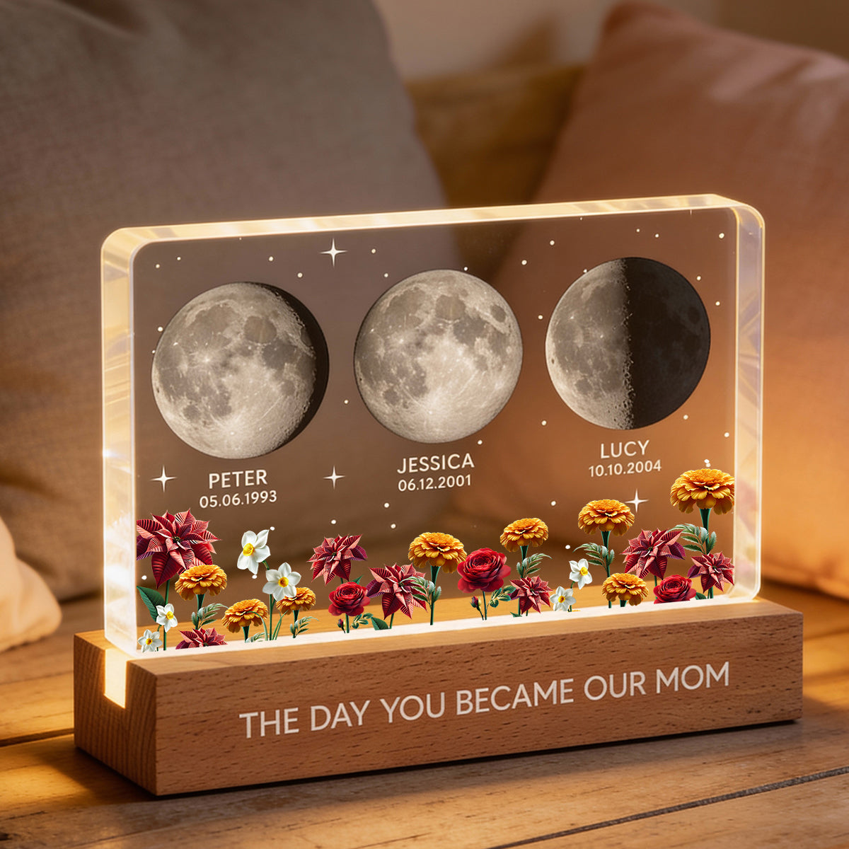 The Day You Became Our Mom Custom Moon Phase by Date - Personalized Acrylic Block LED Night Light, Custom Birth Flowers, Mother's Day Gift for Mom