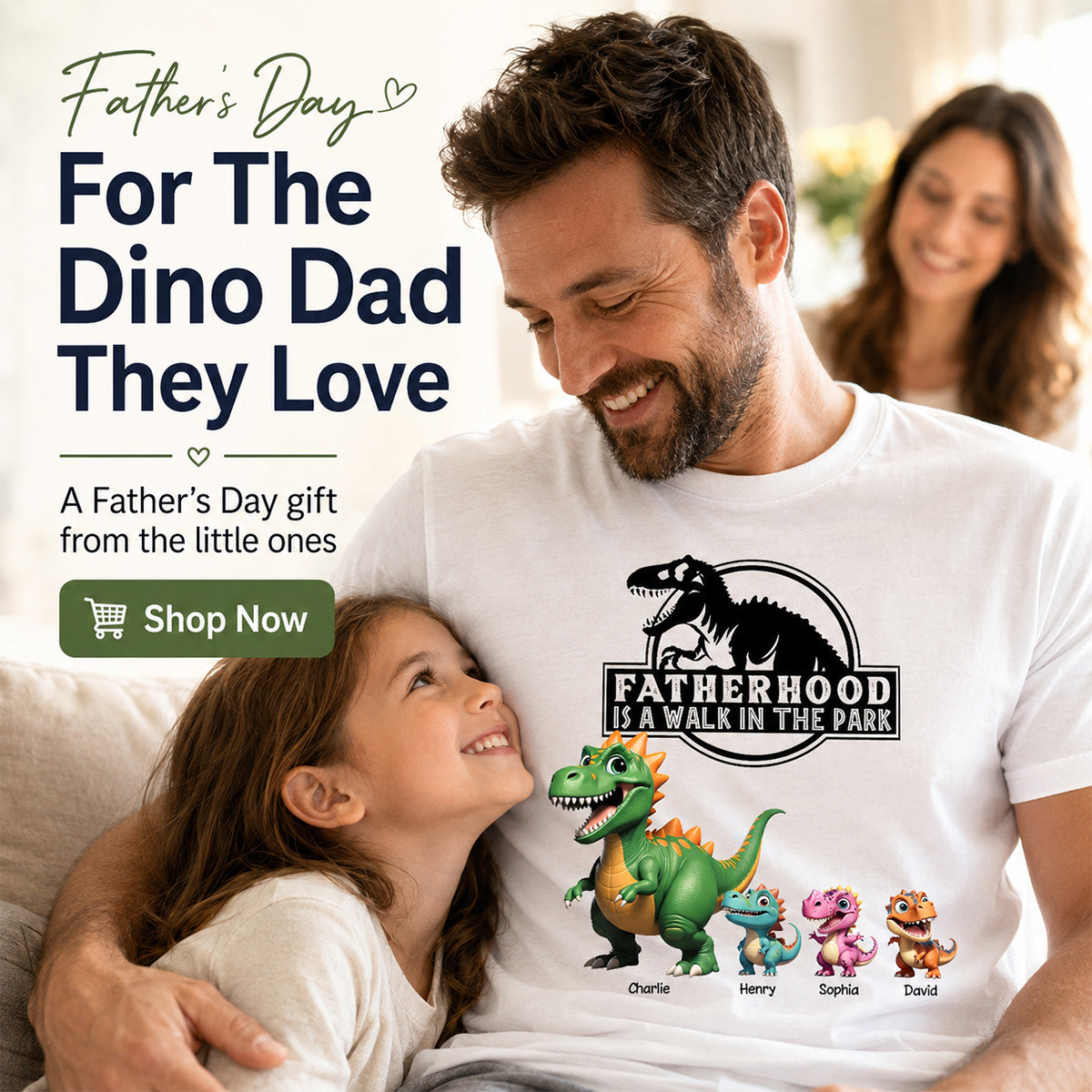 Fatherhood Is A Walk In The Park Custom Cartoon Dinosaurs - Personalized Shirt - Father's Day Gift For Husband, Dad
