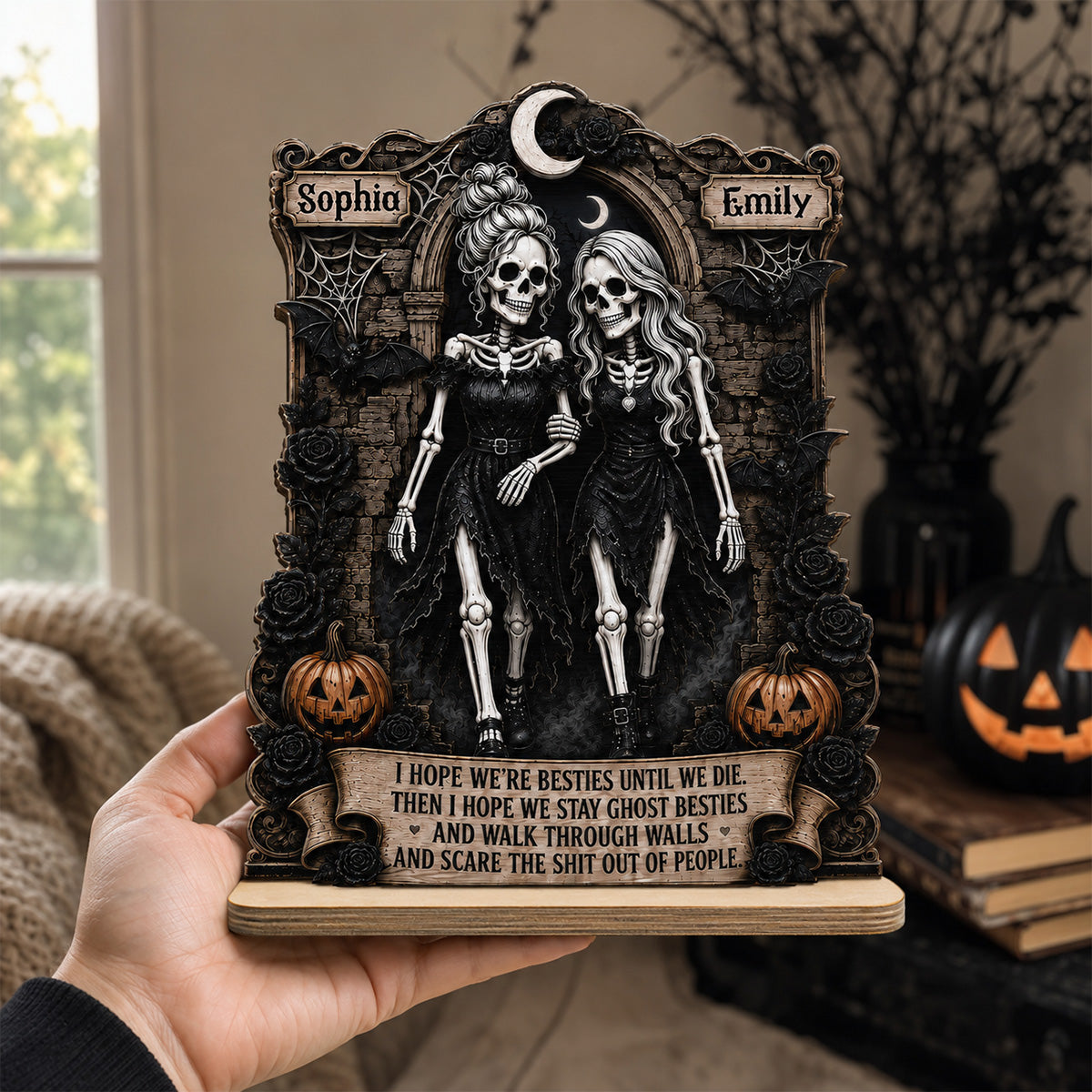 Skeleton Besties Walk Through Wall & Scare People 2D Flat - Personalized 2-Layered Wooden Plaque - Funny Work Bestie Gift, Halloween Keepsake For Best Friends