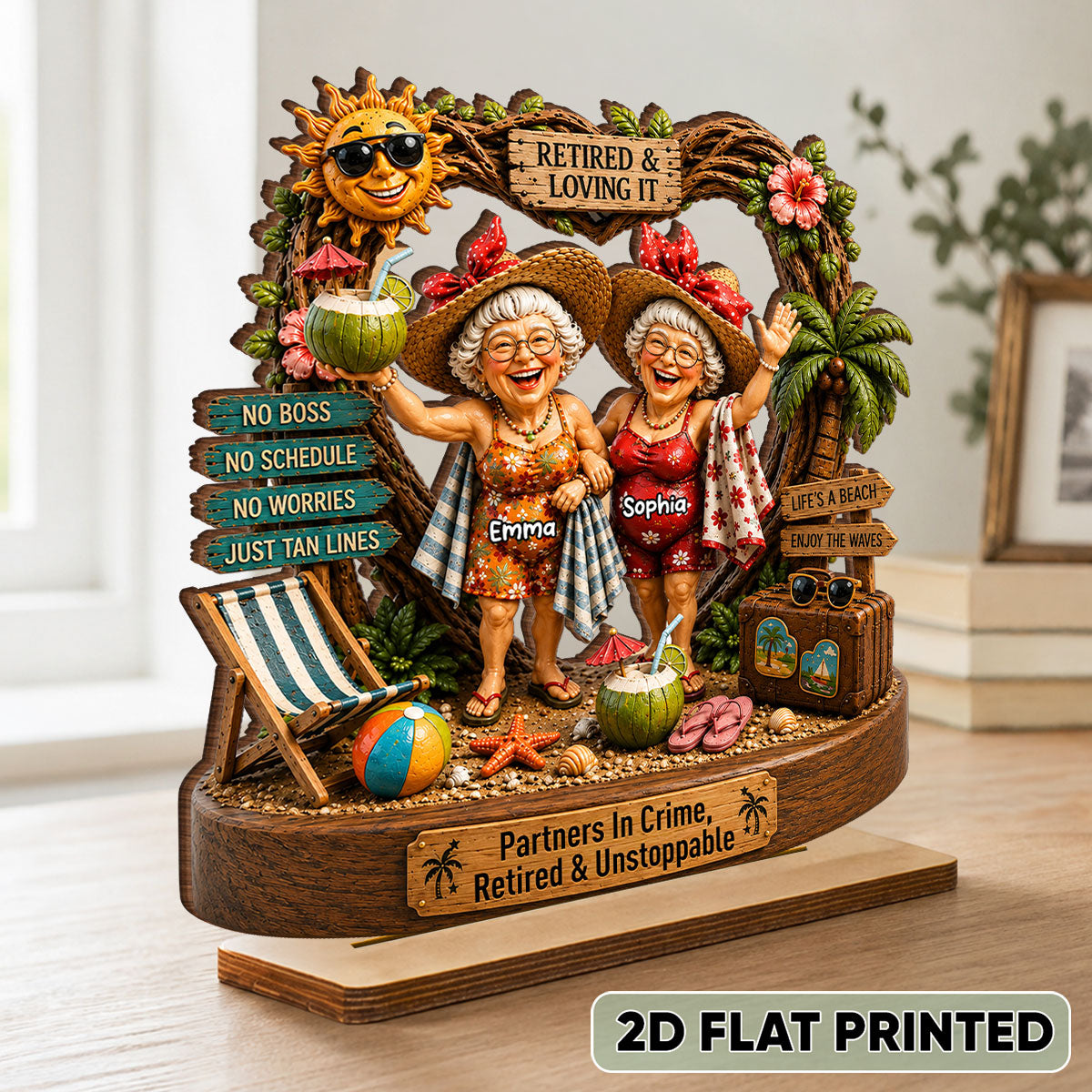Partners In Crime Retired & Unstoppable Besties - Personalized 2-Layered Wooden Plaque - Meaningful Gift For Best Friends