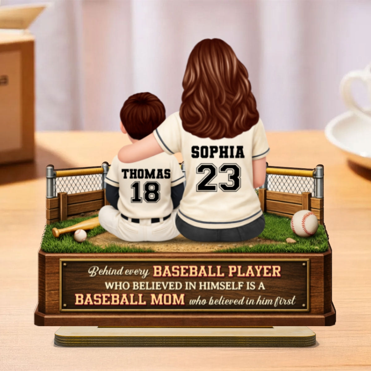 Behind Every Baseball Player is a Mom - Personalized 2-Layered Wooden Plaque - Heartfelt Gift for Mom