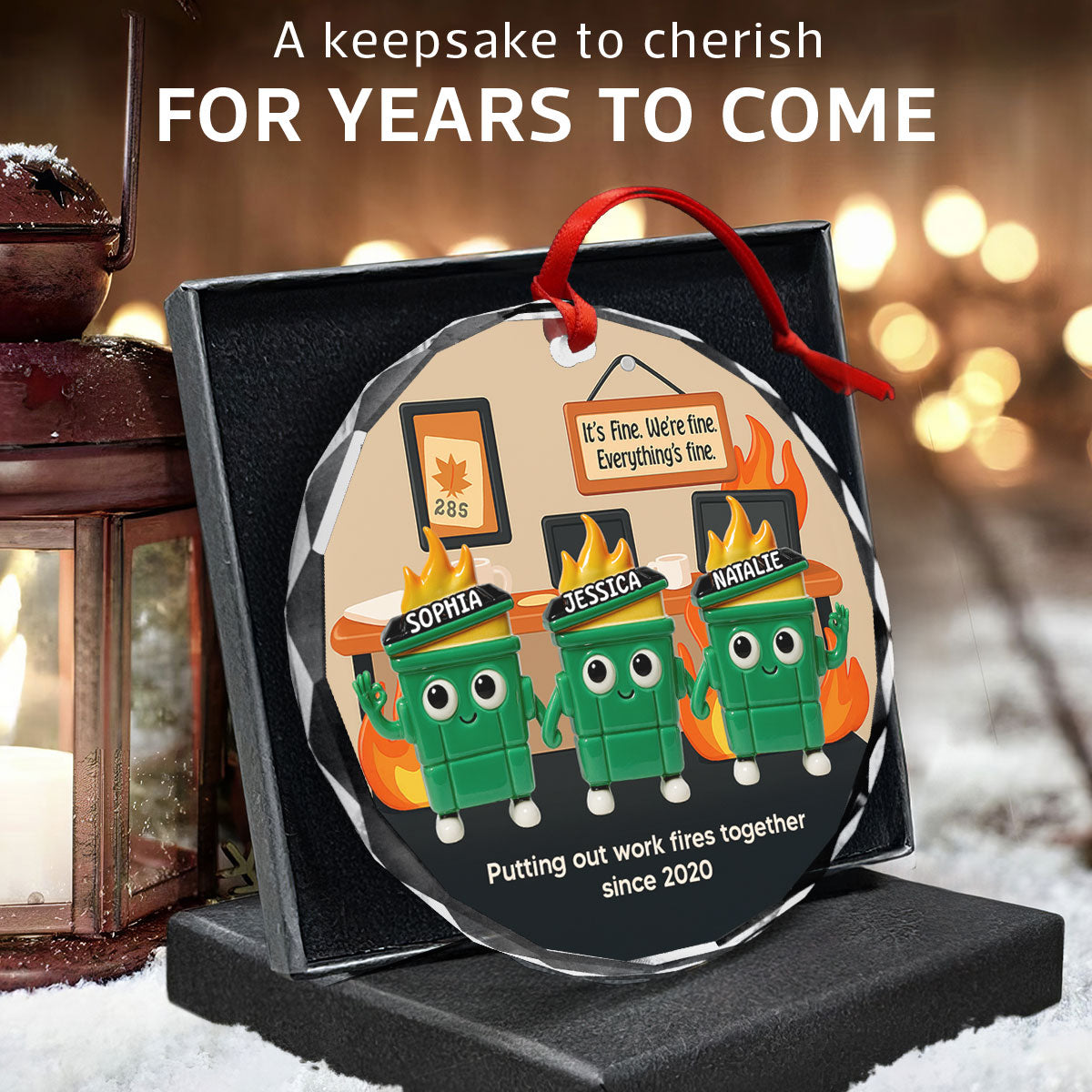 3D Effect Dumpster Fires In Office Scene - Personalized Glass Ornament - Funny Gift For Colleagues, Work Besties
