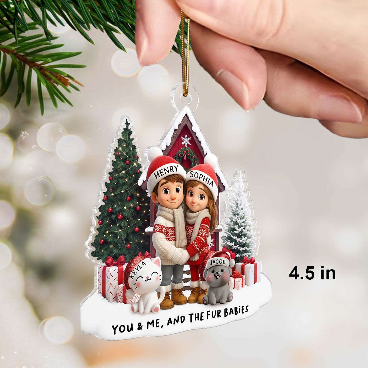 Couple & Dogs Cats Farm House - Personalized Acrylic Ornament - Christmas Gift for him, Gift for her, Gift for Pet Lovers