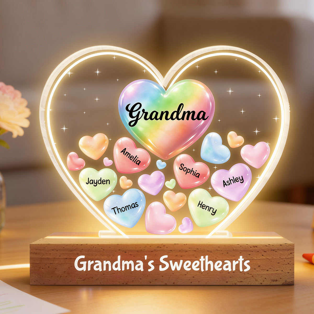 Grandma's Sweethearts In Heart - Personalized Acrylic Block Plaque LED Night Light - Gift For Grandma