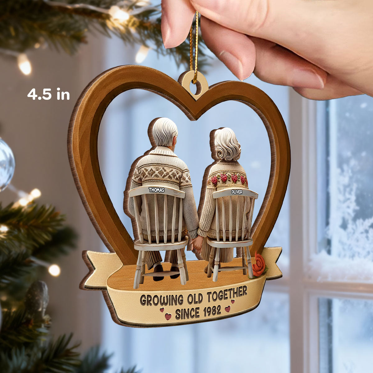 3D Back View Old Couple Growing Old Together - Personalized Wooden Ornament