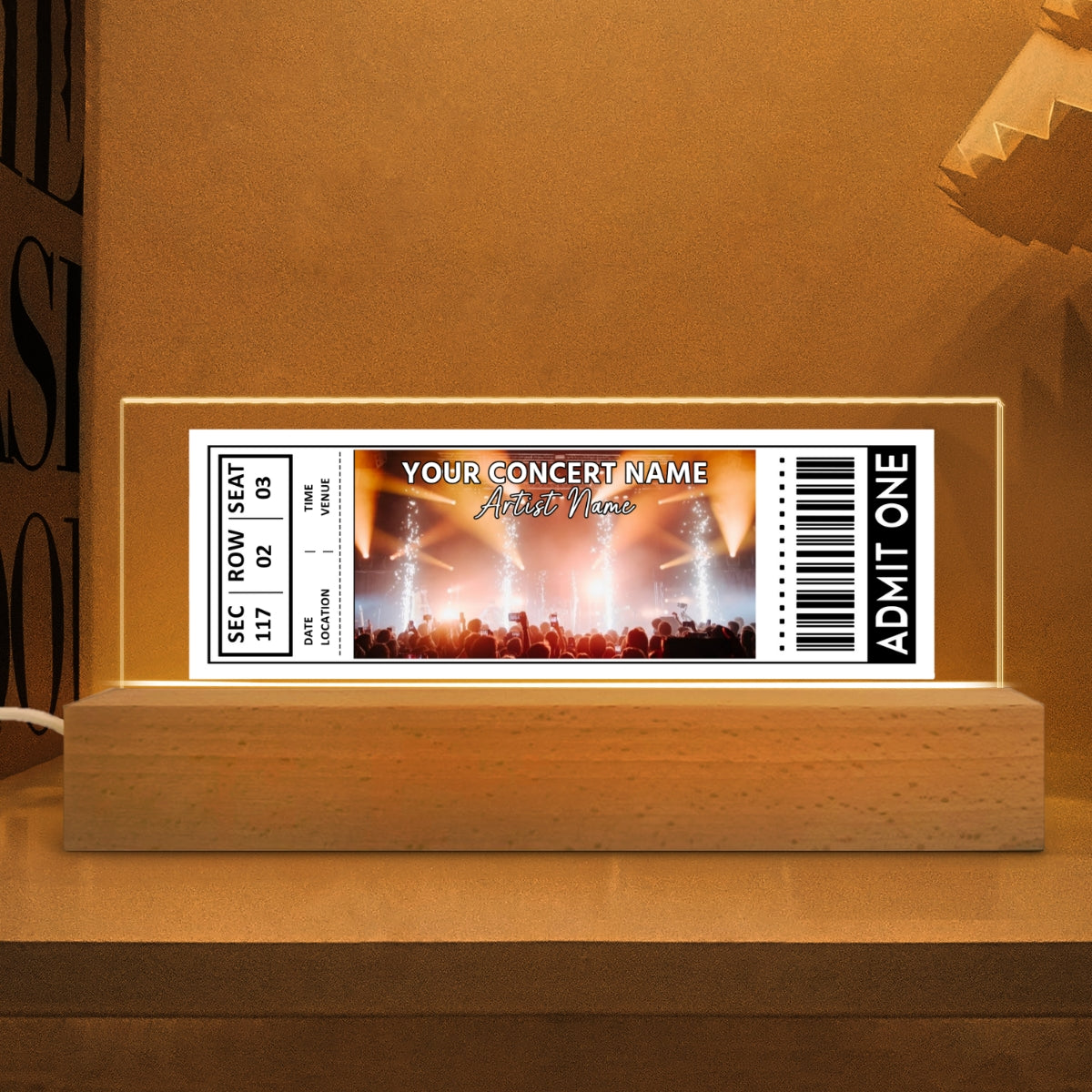 Custom Couple Favorite Music Concert Photo Ticket - Personalized Acrylic Block LED Night Light - Valentine's Day Gift for her, for him