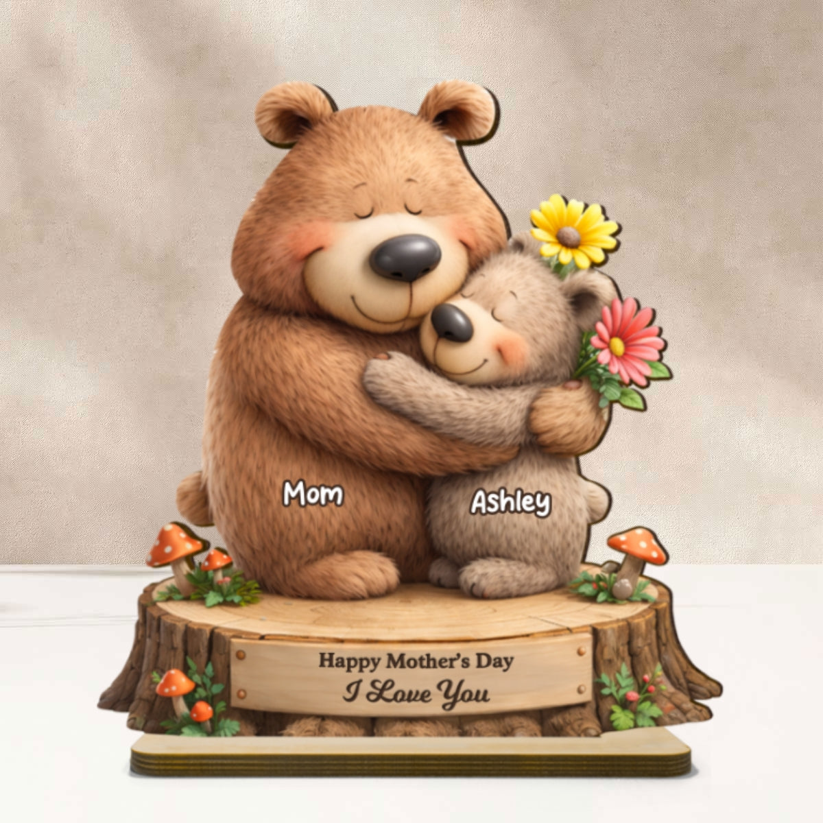 Loving Bears Mom & Kids - Personalized 2-Layered Wooden Plaque - Heartfelt Mother's Day Gift for Mom