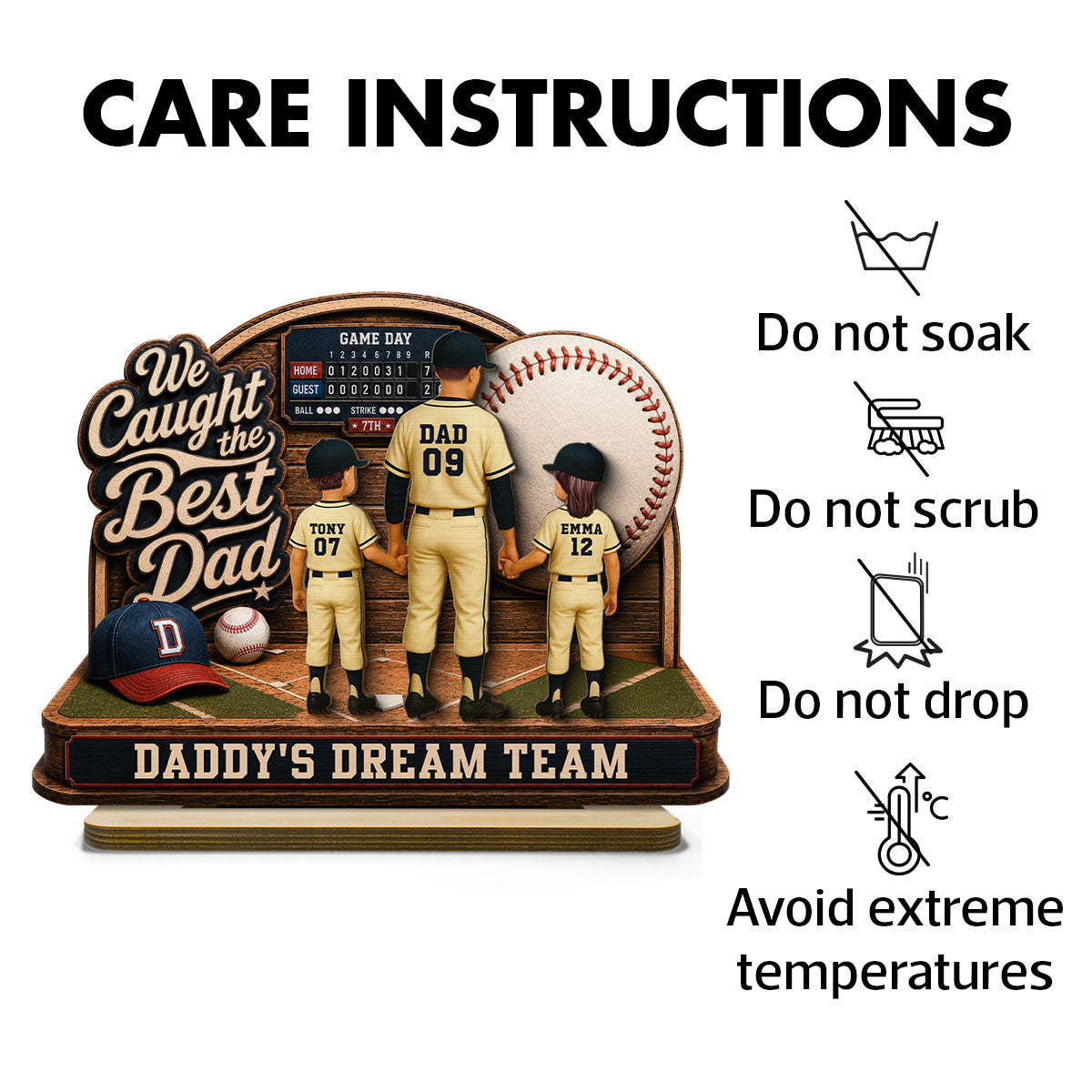 Baseball Things Dad & Kids Back View Standing 2D Flat - Personalized 2-Layered Wooden Plaque - Happy  For Baseball Dad