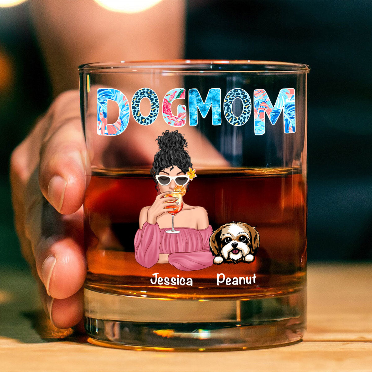 Dog Mom Summer Patterned Personalized Wine Glass, Gift for Dog Moms