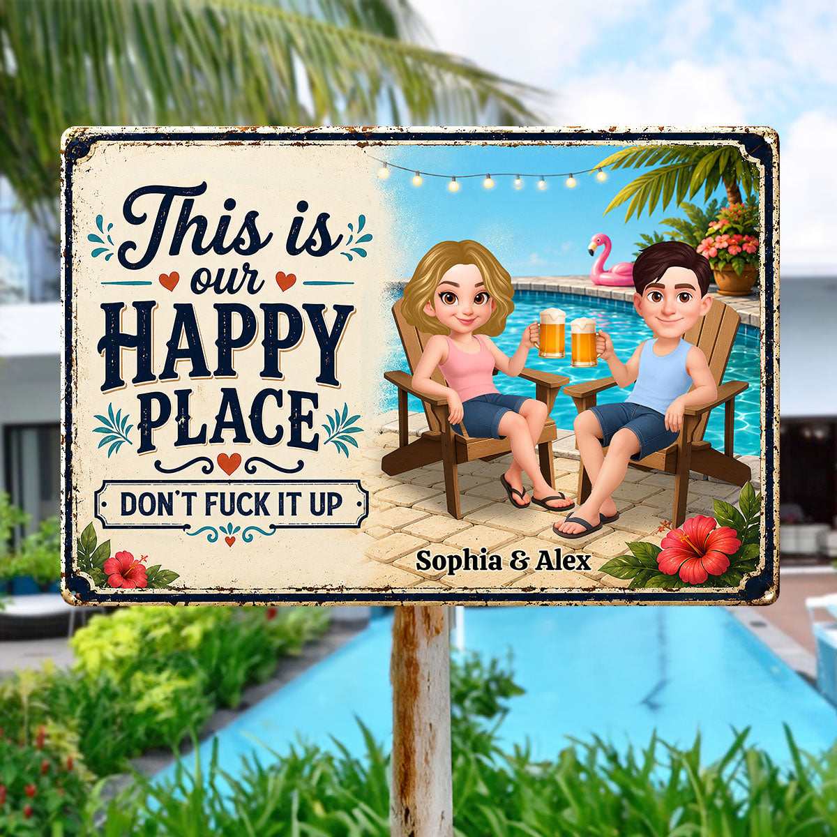 Welcome to Our Happy Place Swimming Pool - Personalized Metal Sign - Summer Decor for Couples