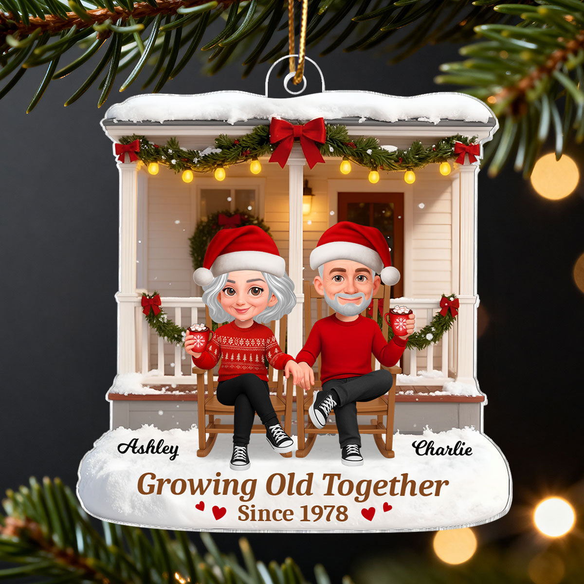 3D Effect Christmas Couple Sitting On Front Porch - Personalized Acrylic Ornament - Heartfelt Gift For Couple