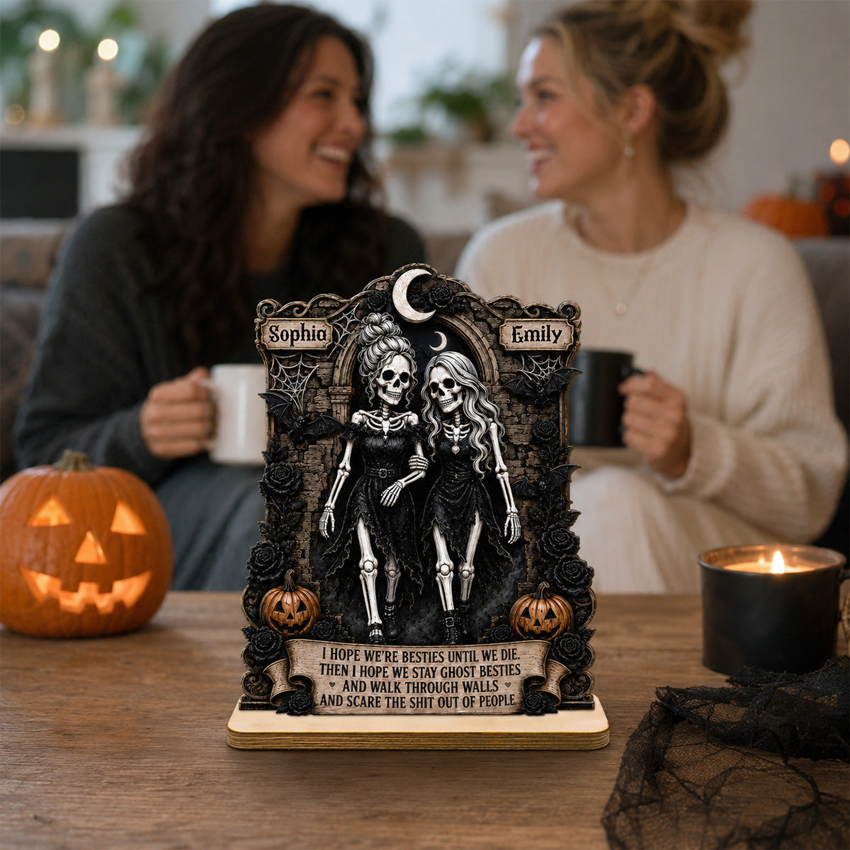 Skeleton Besties Walk Through Wall & Scare People 2D Flat - Personalized 2-Layered Wooden Plaque - Funny Work Bestie Gift, Halloween Keepsake For Best Friends