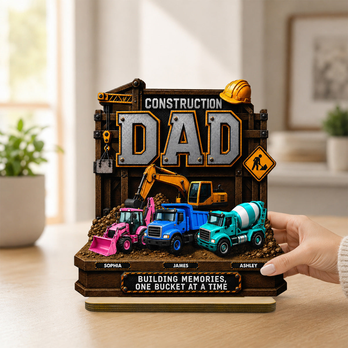 Construction Dad with Kids Names 2D Flat - Personalized Wooden Plaque