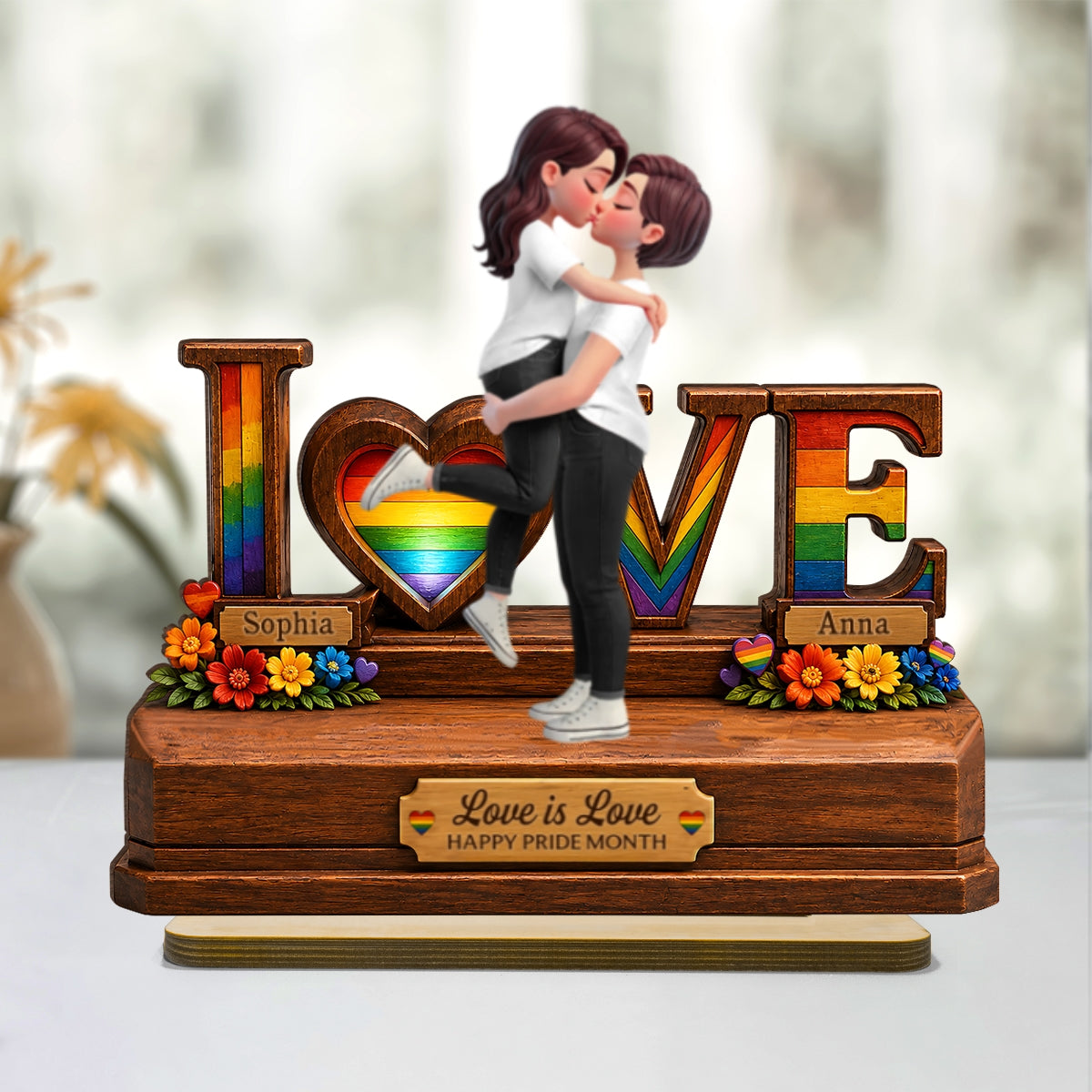 Rose Love LGBT+ Couple - Personalized 2-Layered Wooden Plaque - Gift For Couple, Happy Pride Month