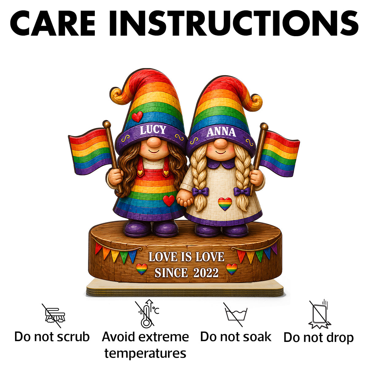 Love Is Love Rainbow Gnome Couple - Personalized 2-Layered Wooden Plaque - Gift For Couple, Happy Pride Month