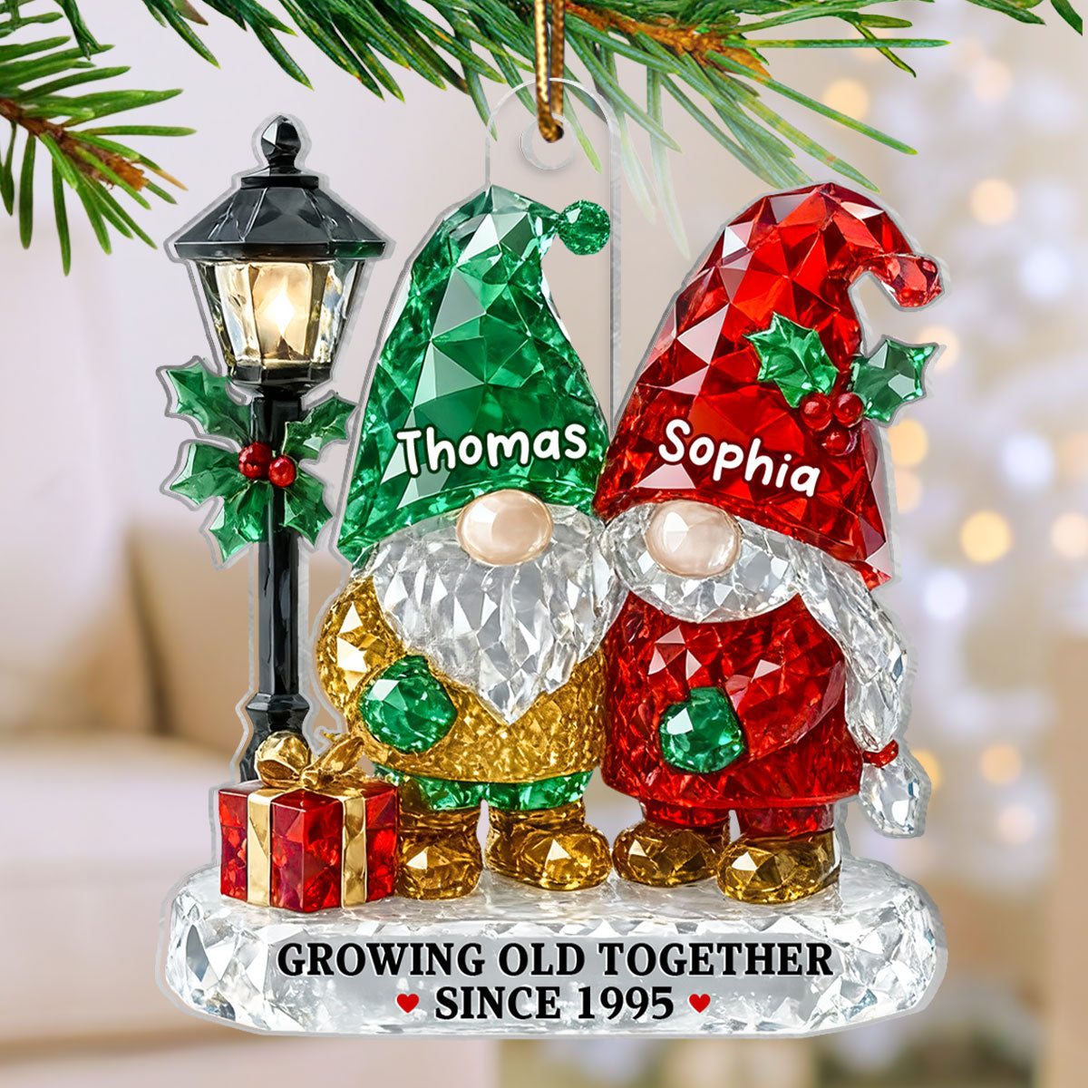 3D Crystal Effect Gnome Couple Growing Old Together - Personalized Acrylic Ornament - Gift For Couple