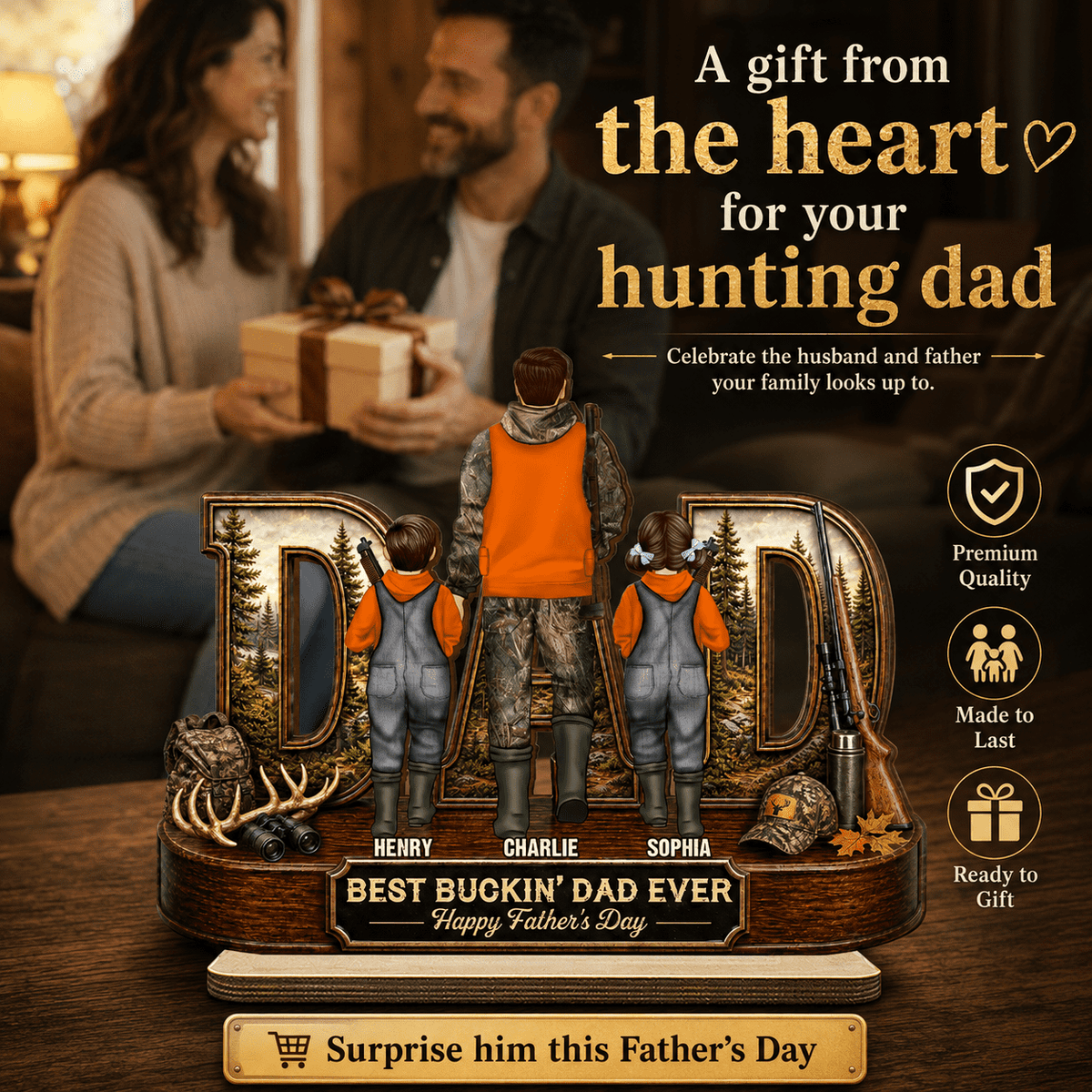 Hunting Dad Best Buckin' Dad Ever - Personalized 2-Layered Wooden Plaque - Unique  Gift For Hunting Dad, Husband