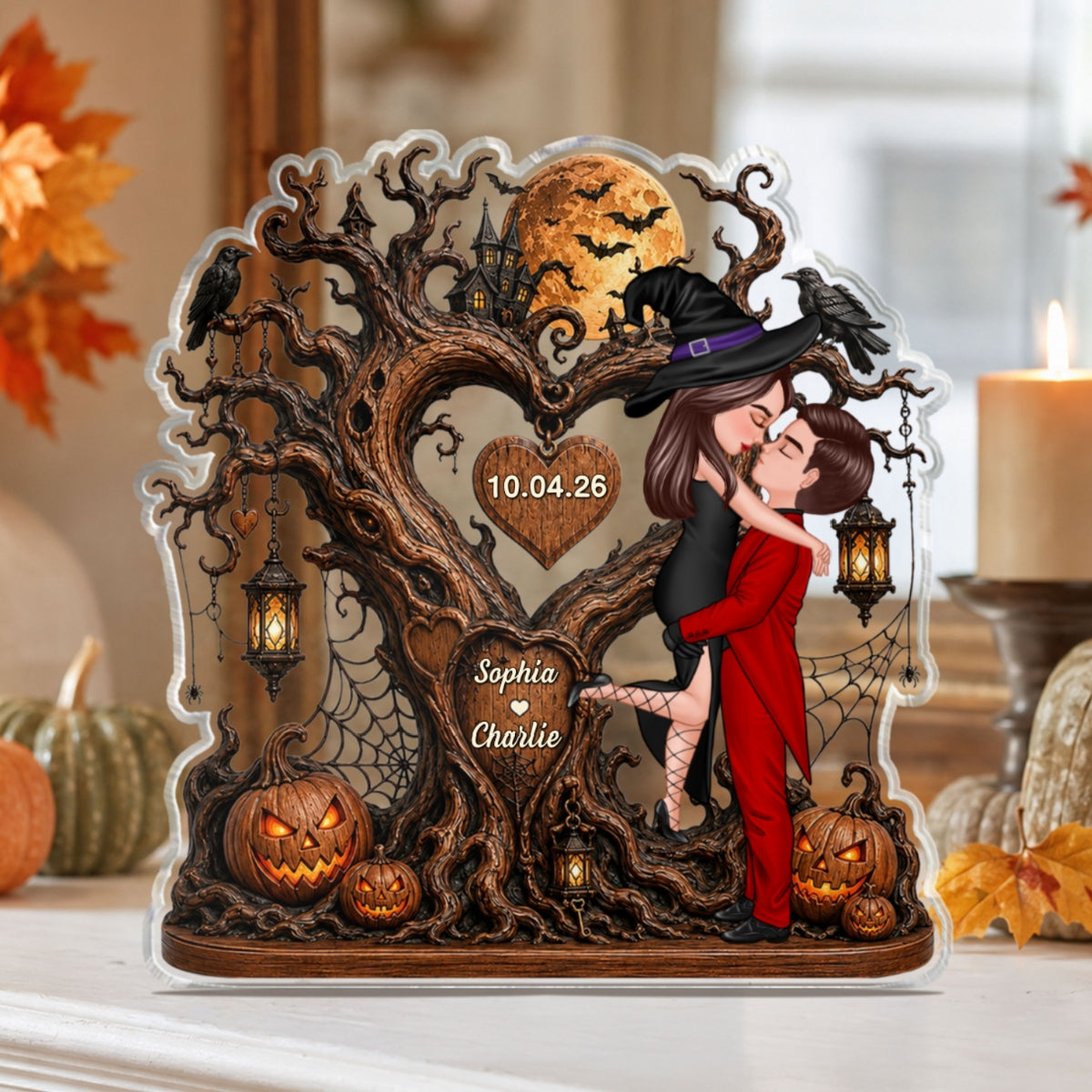Heart Tree Couple Kissing - Personalized Acrylic Plaque - Halloween Gift For Couple, Him, Her