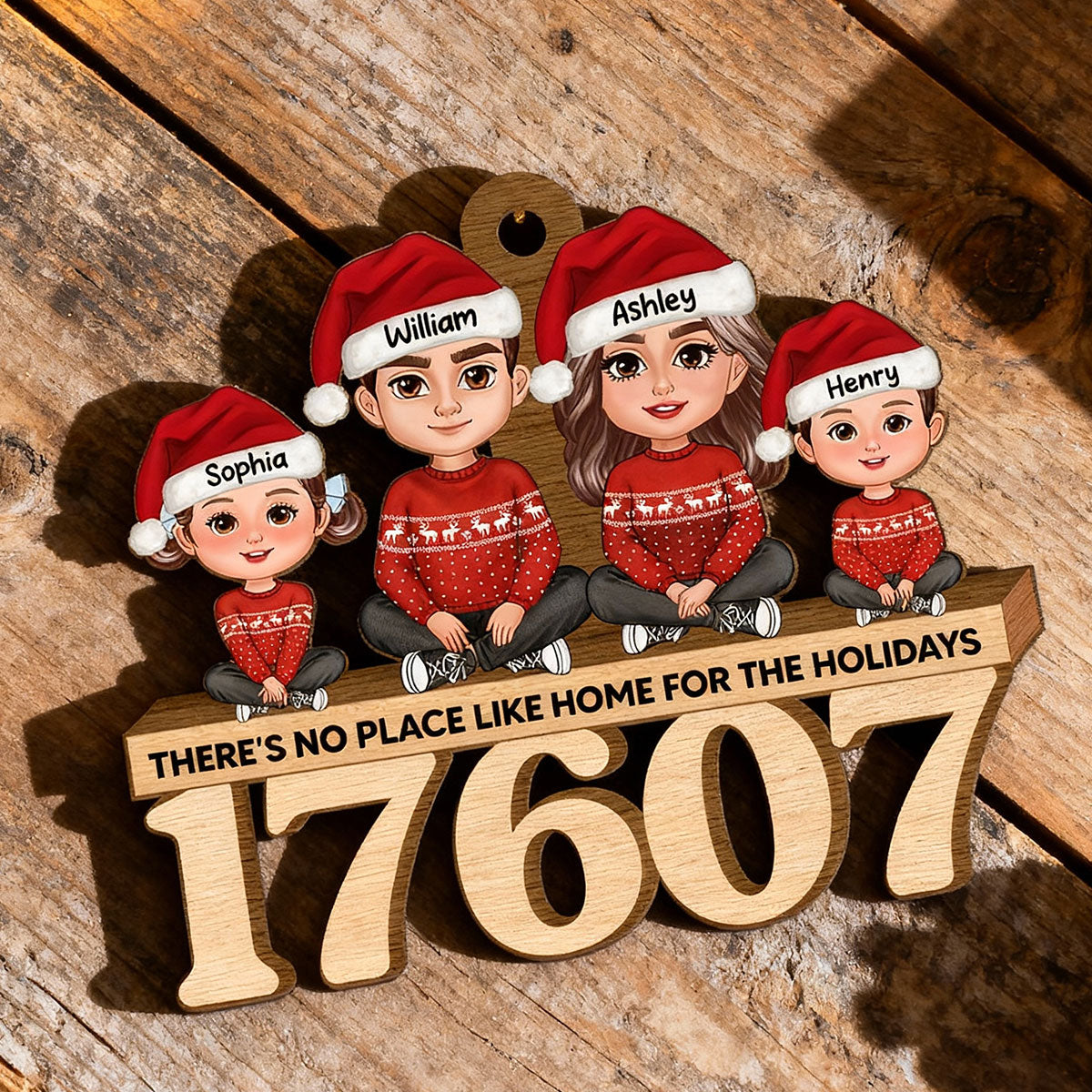 No Place Like Home Doll Family Sitting Zip Code - Personalized Wooden Ornament