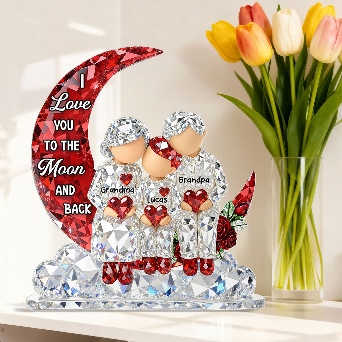 3D Crystal Effect Grandma Grandpa Grandkid Sitting on Moon - Personalized Acrylic Block Plaque - Heartfelt Home Decor for Grandma