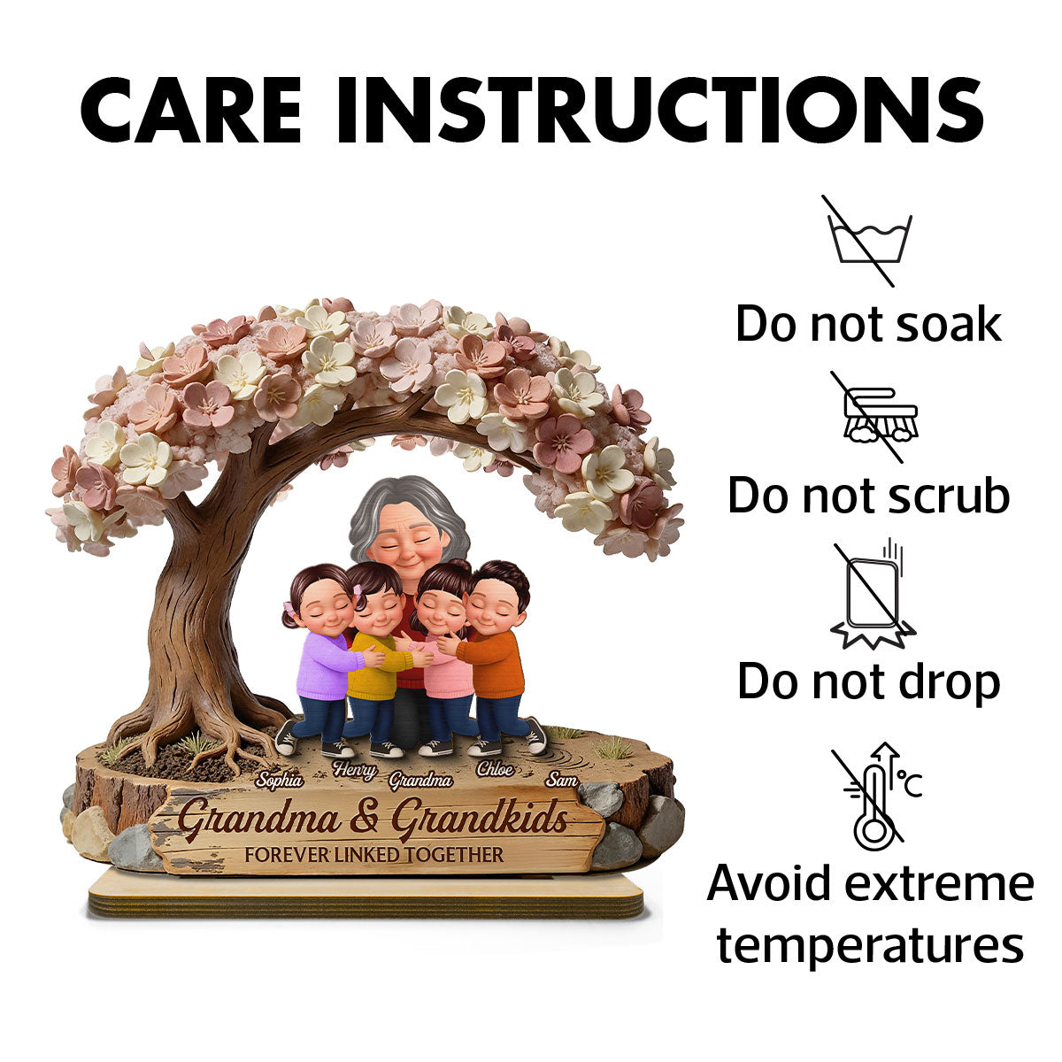 Grandma And Grandkids Under Blossom Tree - Personalized 2-Layered Wooden Plaque - Gift For Mom