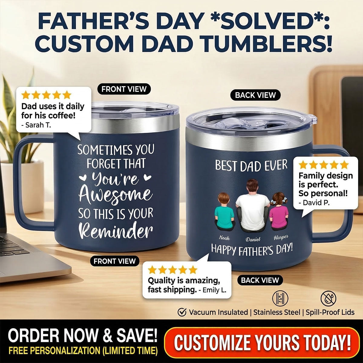 Sometimes You Forget That You're Awesome Best Dad Ever - Personalized Stainless Steel Tumbler with Handle