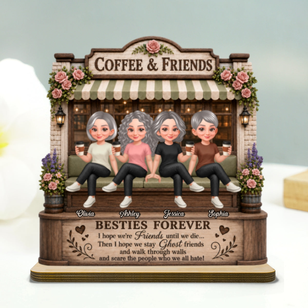 Besties Forever Coffeeshop Best Memories Together - Personalized 2-Layered Wooden Plaque - Birthday Gift, Gift For Best Friends