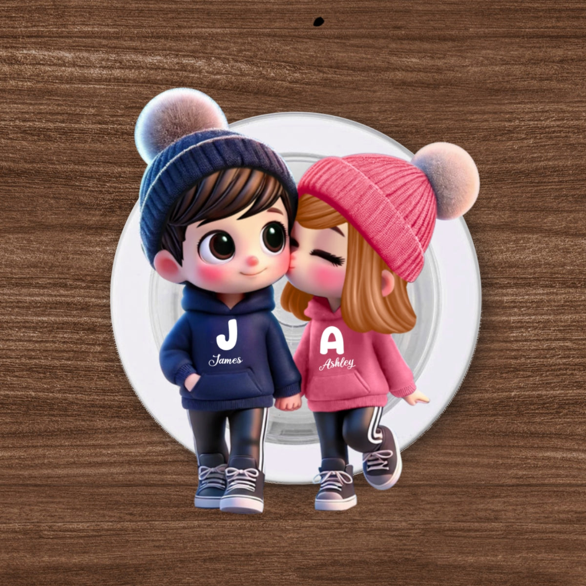 3D Effect Cute Cartoon Couple Walking - Personalized Acrylic Magnetic Phone Grip - Matching Phone Grips for Couples