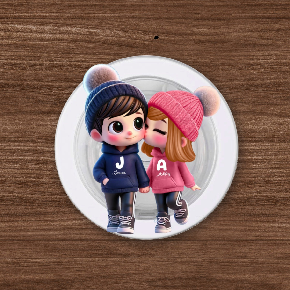 3D Effect Cute Cartoon Couple Walking - Personalized Acrylic Magnetic Phone Grip - Matching Phone Grips for Couples