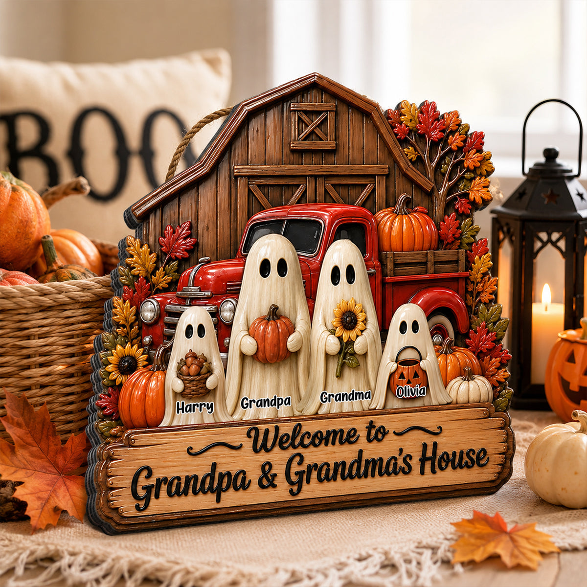 Welcome To Grandpa Grandma Ghost Farmhouse - Personalized Wood Sign - Halloween Decor Gift, Gift For Grandma Grandpa