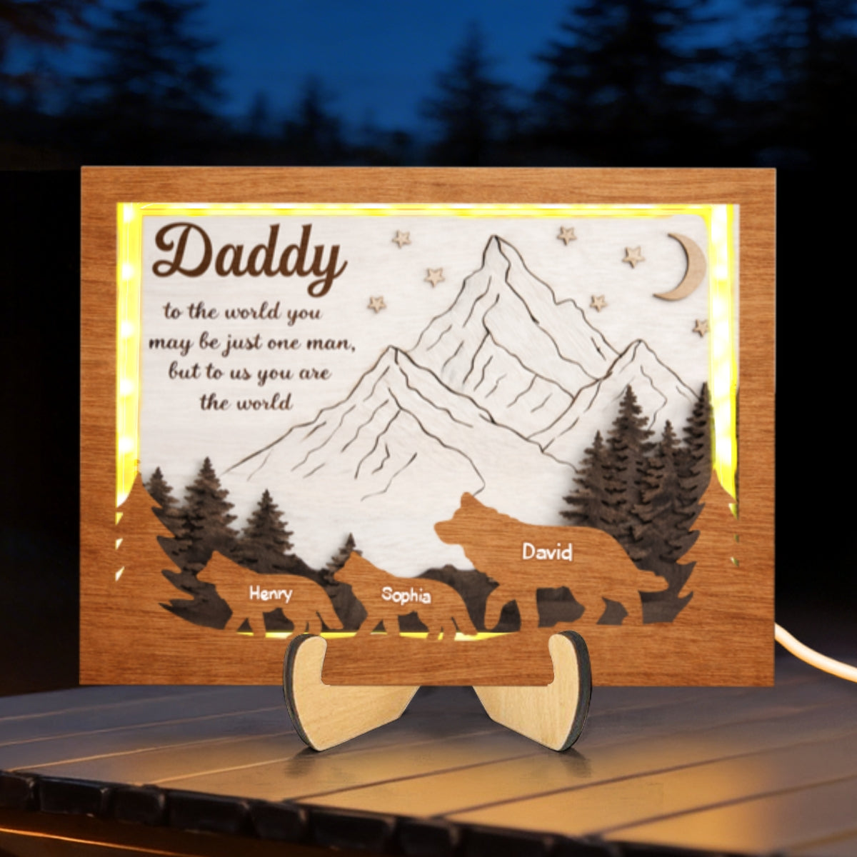 Daddy to Us You Are the World - Personalized 2-Layered Wooden Plaque LED Night Light - Sentimental Gift for Dad, Husband