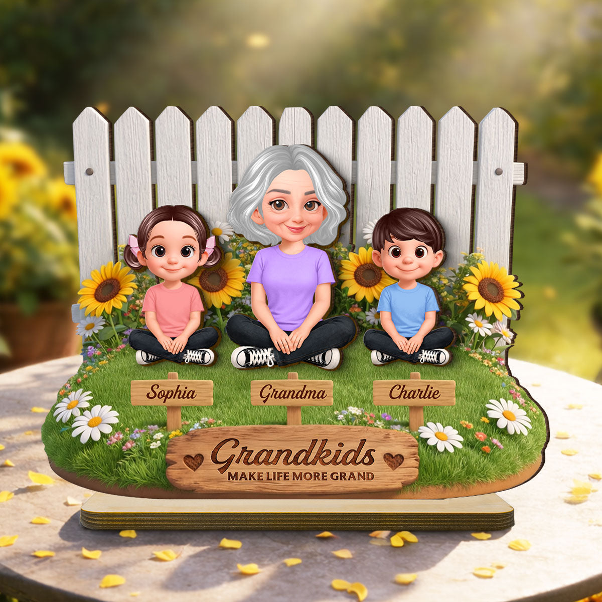 Together by the Fence Grandma Grandkids - Personalized 2-Layered Wooden Plaque - Gift For Grandma