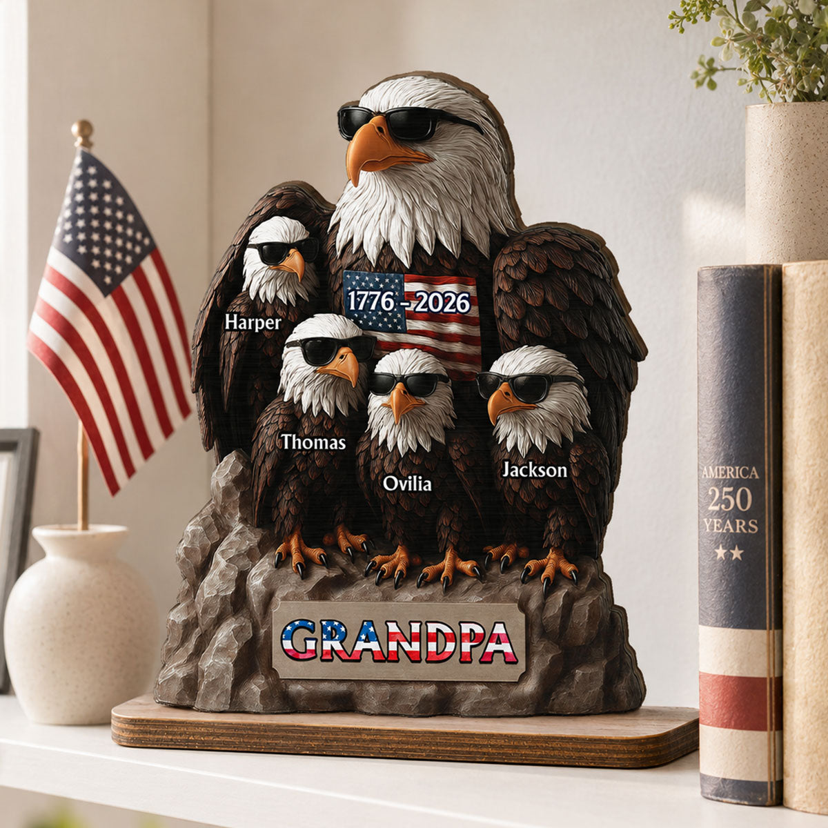 America 250th Anniversary Patriotic Eagle Grandpa Dad & Kids - Personalized 2-Layered Wooden Plaque -  Gift, 250th Anniversary Gift, Keepsake For Grandpa, Dad